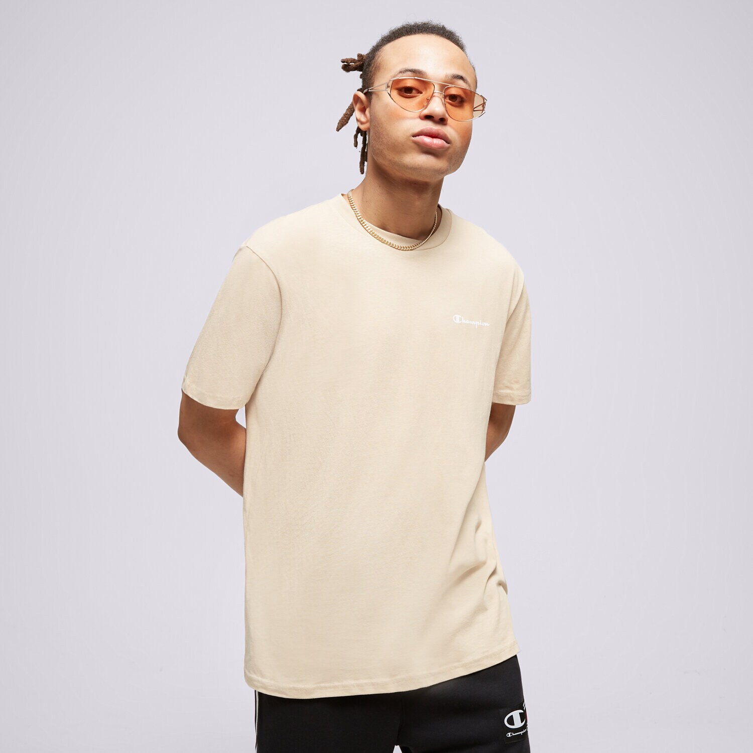 Koszulka, t-shirt sportowy męski CHAMPION T-SHIRT CREWNECK T-SHIRT 218281MS073 BEŻOWY
