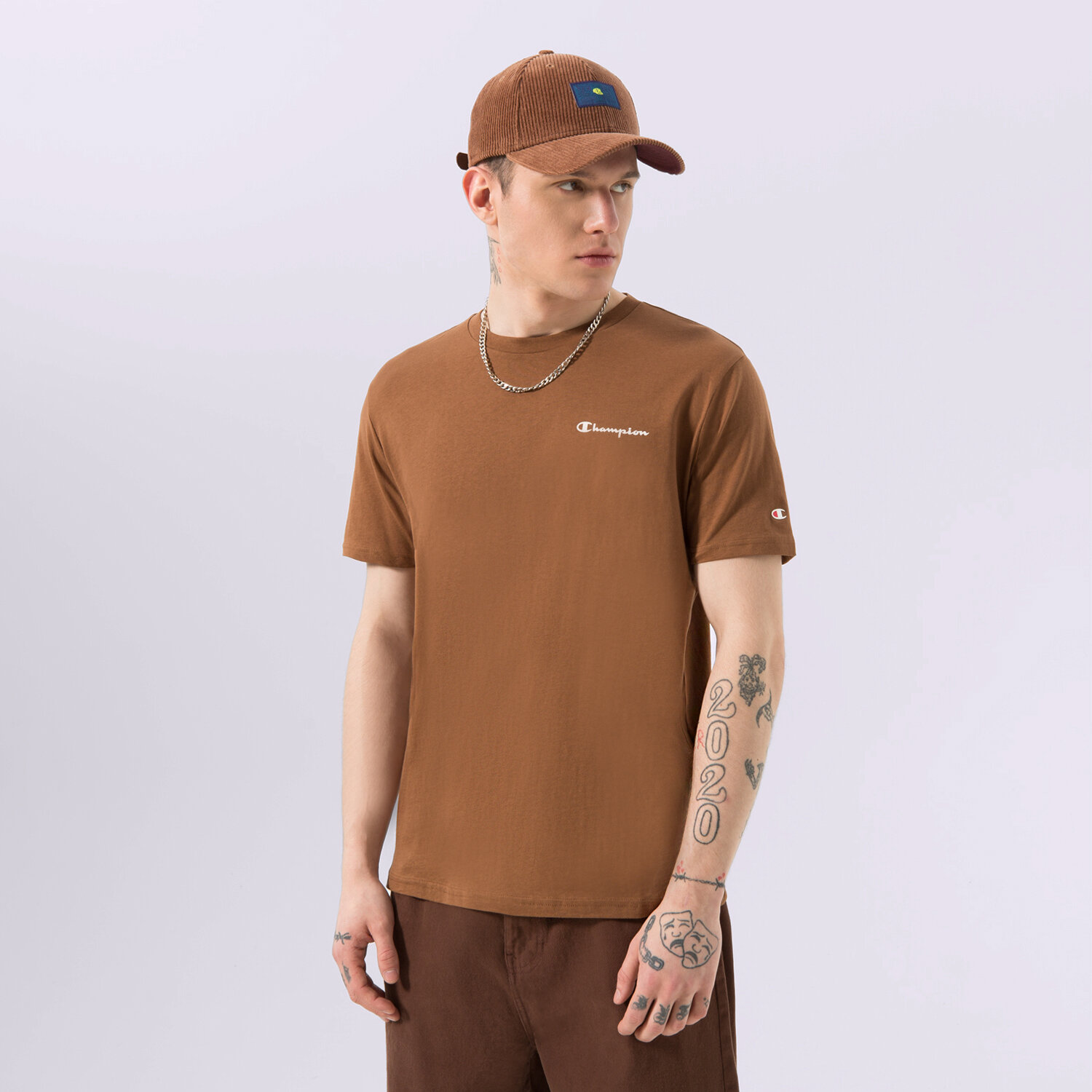 Koszulka, t-shirt sportowy męski CHAMPION T-SHIRT CREWNECK T-SHIRT 218281MS519 BRĄZOWY