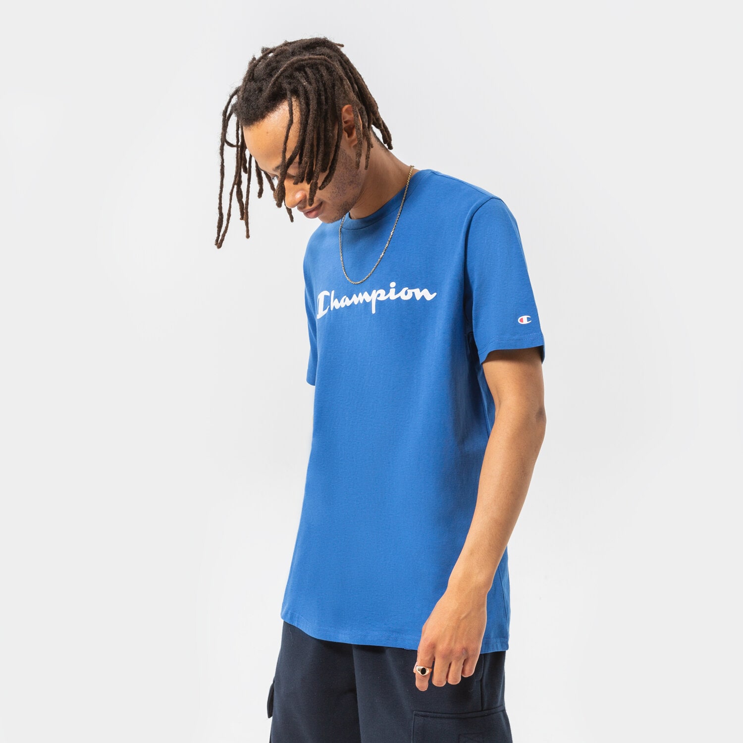 Koszulka, t-shirt sportowy męski CHAMPION T-SHIRT CREWNECK TEE 216957BS007 NIEBIESKI