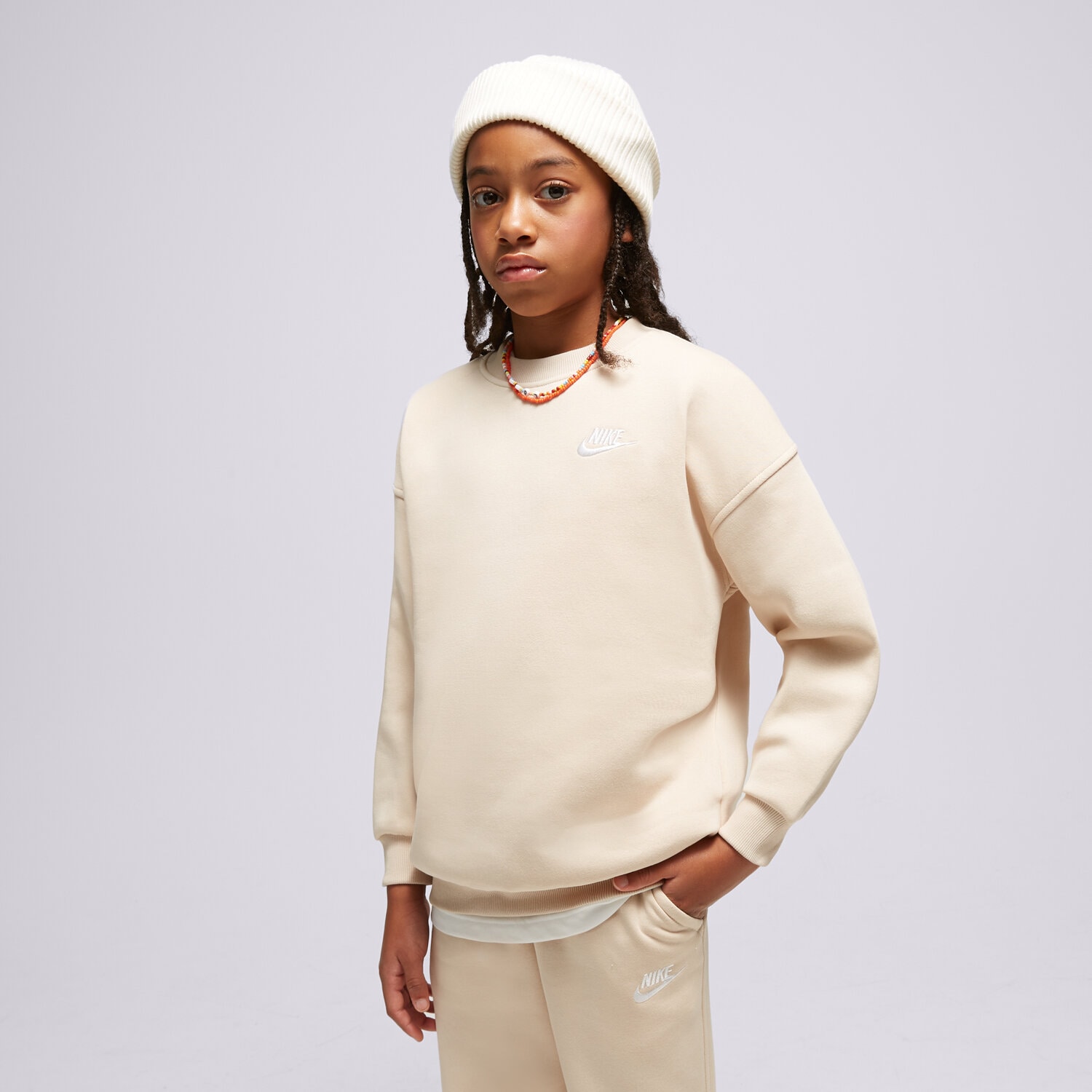 Sportowa bluza dziecięca NIKE BLUZA G NSW CLUB FLC OVRSZD CREW G FD2923-126 BEŻOWY