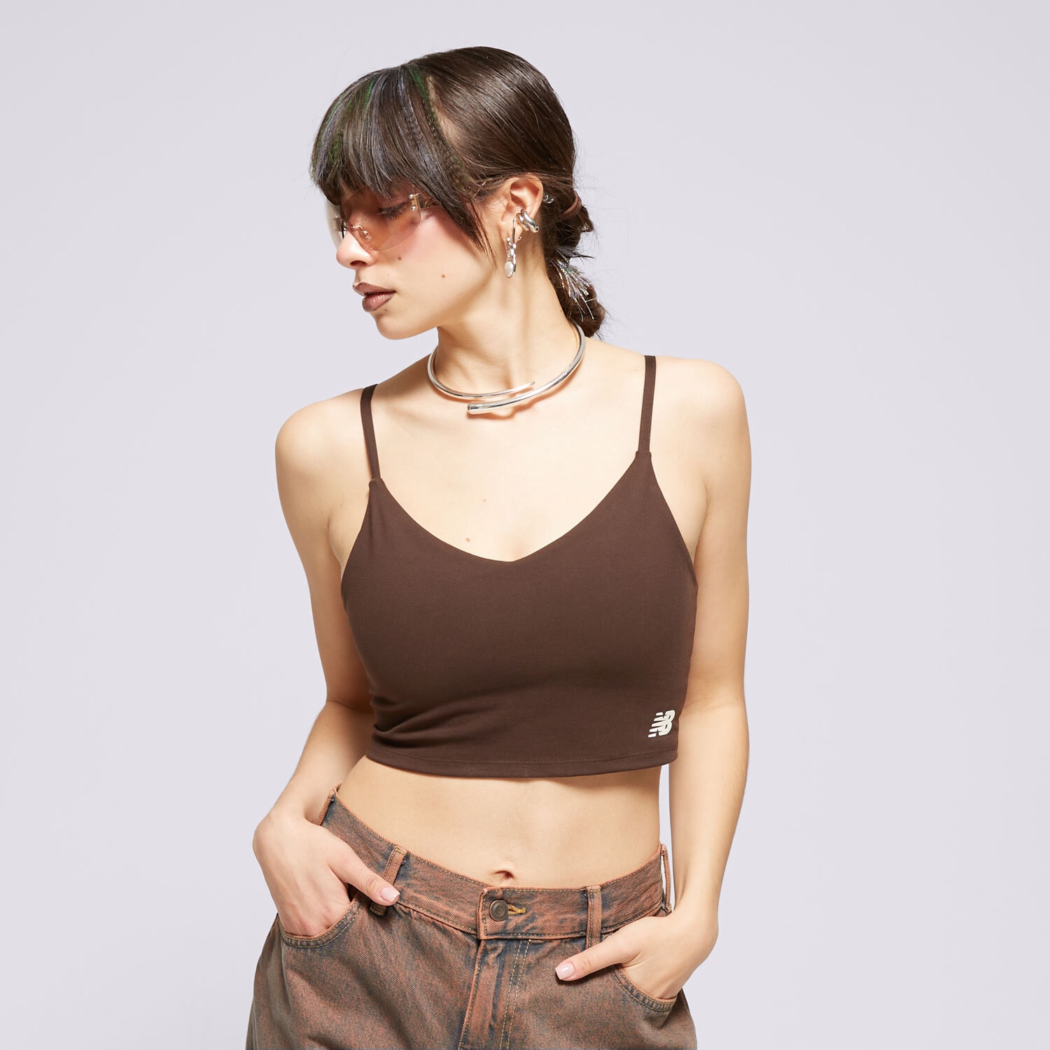 Koszulka, t-shirt damski NEW BALANCE TOP LINEAR HERITAGE SOFT BRA WB41030KCF BRĄZOWY