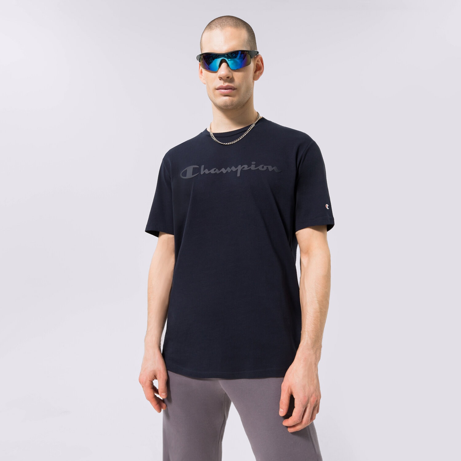 Koszulka, t-shirt sportowy męski CHAMPION T-SHIRT CREWNECK T-SHIRT 218284BS517 GRANATOWY