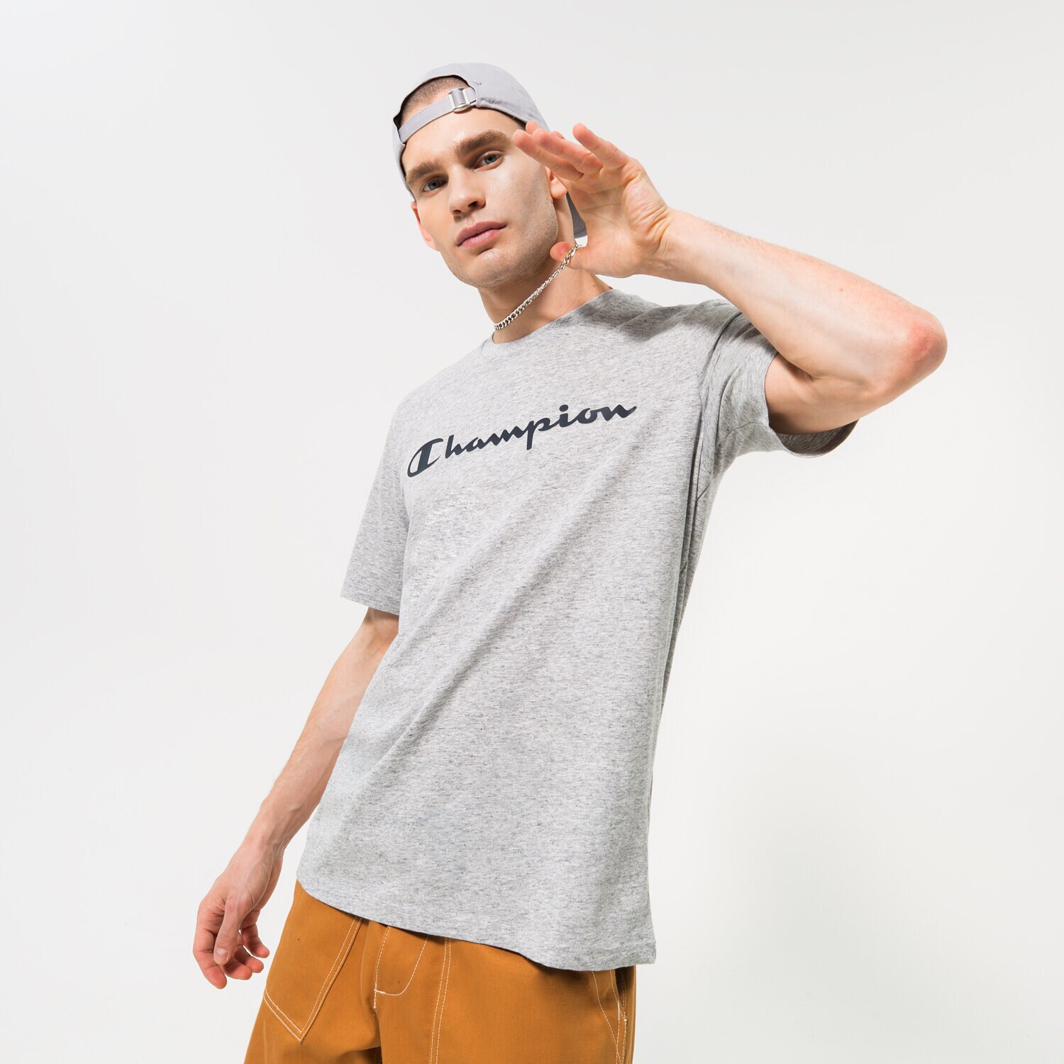 Koszulka, t-shirt sportowy męski CHAMPION T-SHIRT CREWNECK T-SHIRT 218284EM021 SZARY