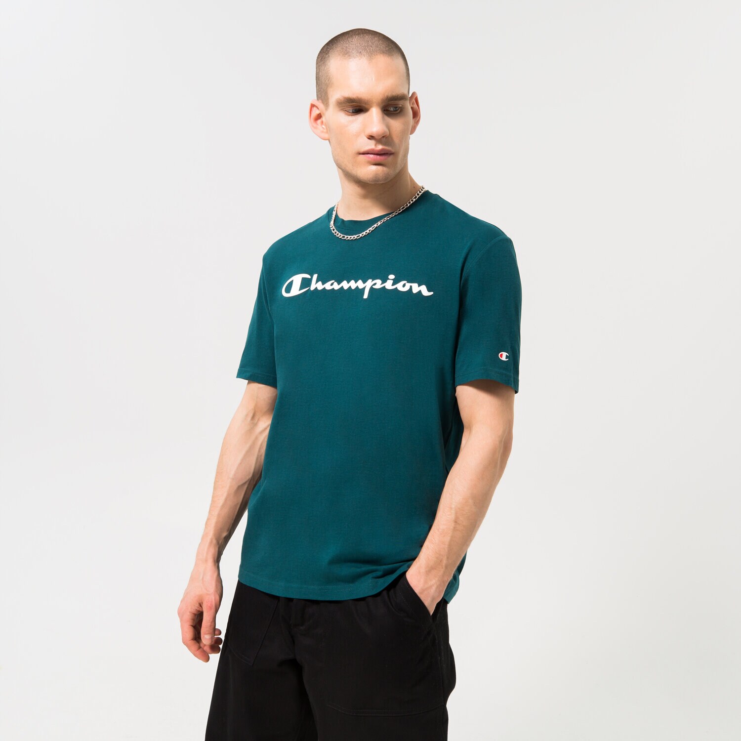 Koszulka, t-shirt sportowy męski CHAMPION T-SHIRT CREWNECK T-SHIRT 218284GS549 ZIELONY