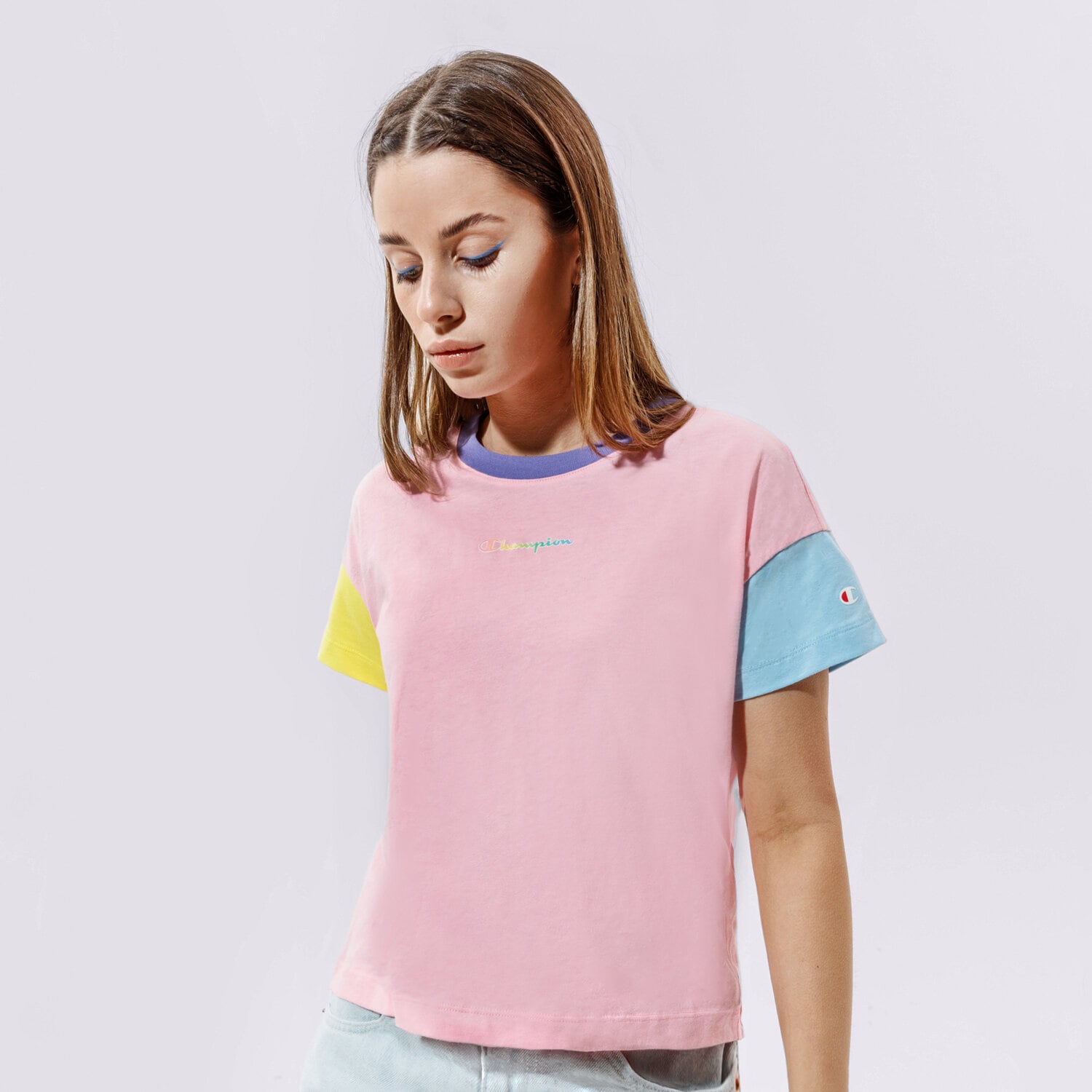 Koszulka, t-shirt damski CHAMPION T-SHIRT CREWNECK CROPTOP 114329PS024 MULTICOLOR