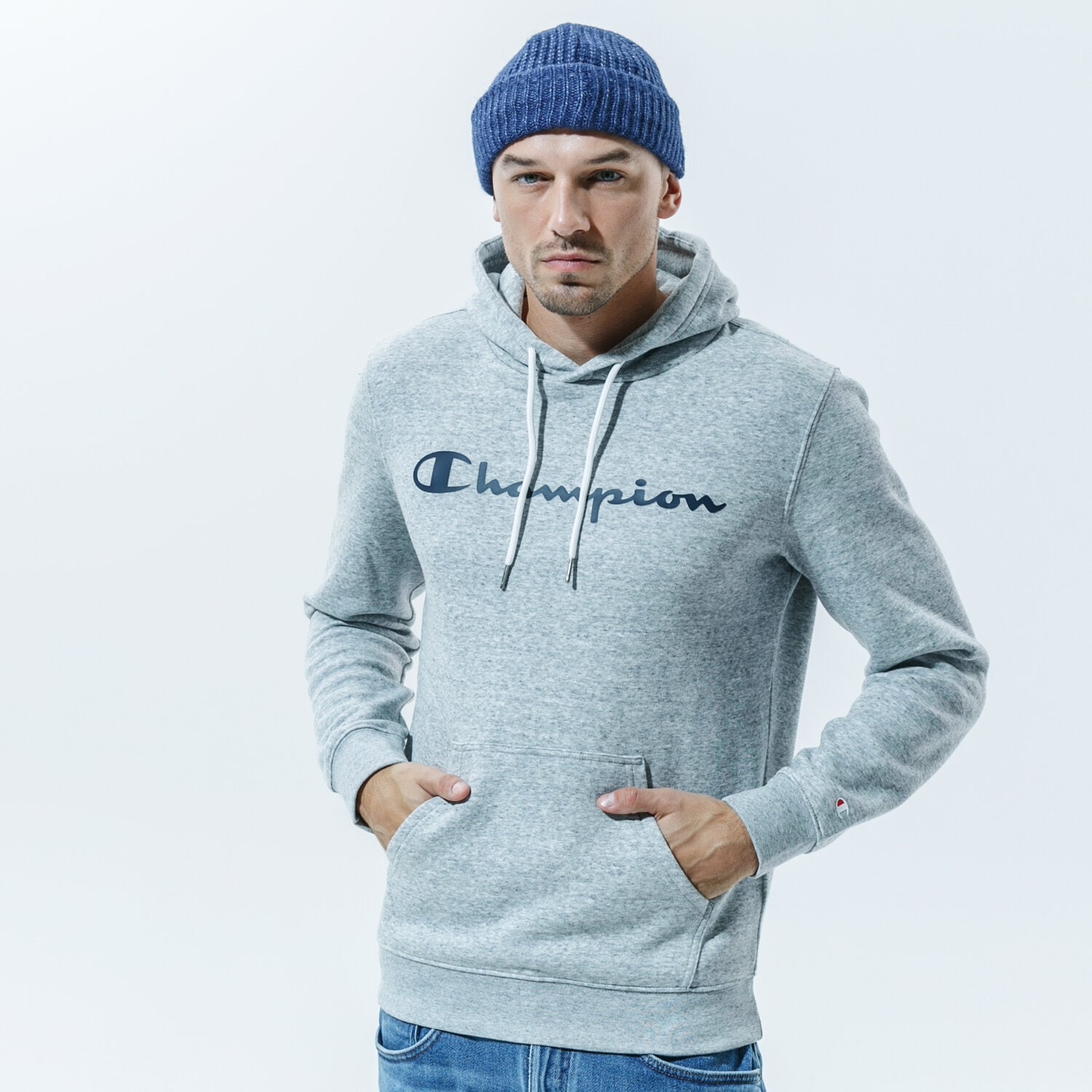 Bluza męska CHAMPION BLUZA Z KAPTUREM HOODED SWEATSHIRT 214743EM021 SZARY