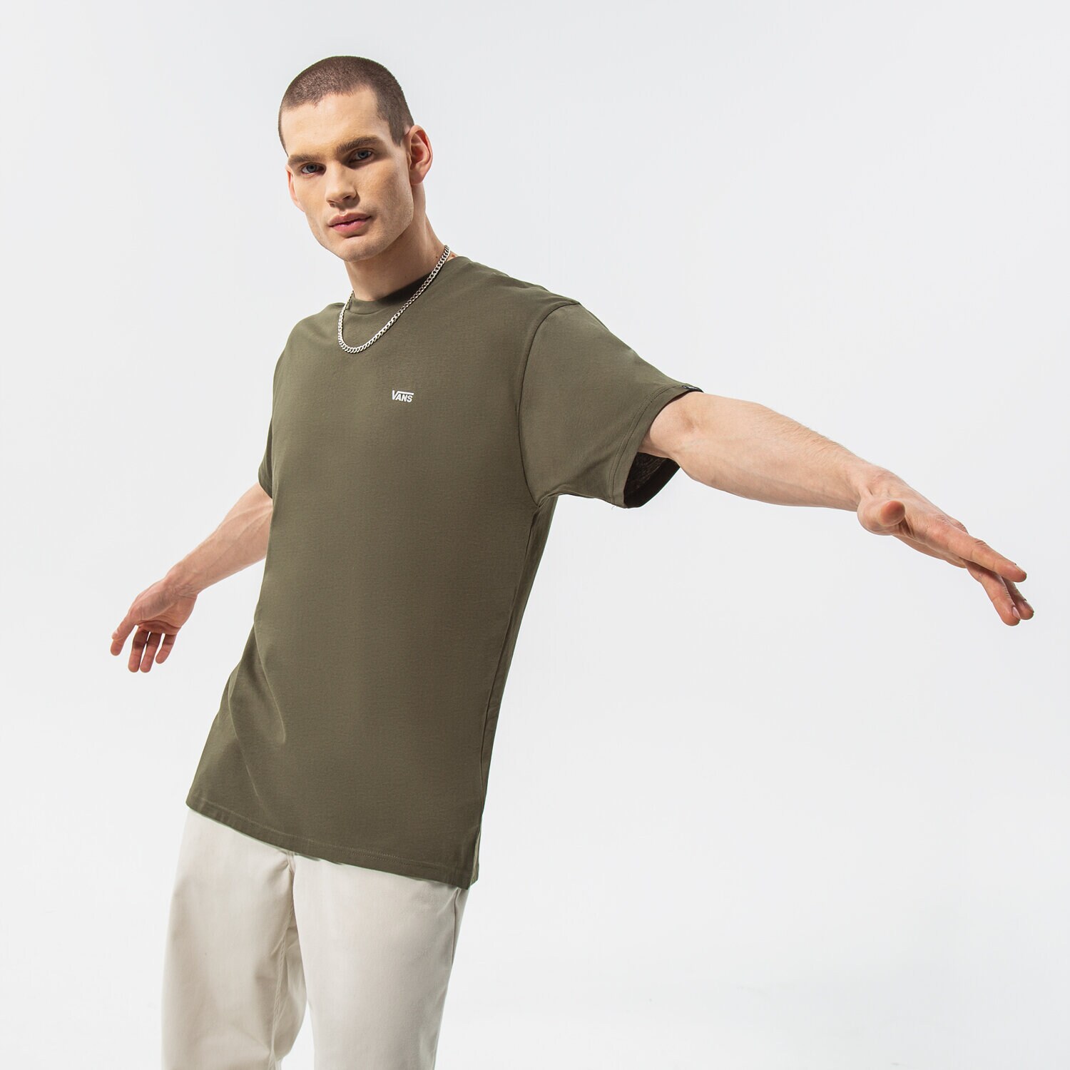 Koszulka, t-shirt sportowy męski VANS T-SHIRT MN LEFT CHEST LOGO TEE GREAPE LEAF VN0A3CZEKCZ1 KHAKI