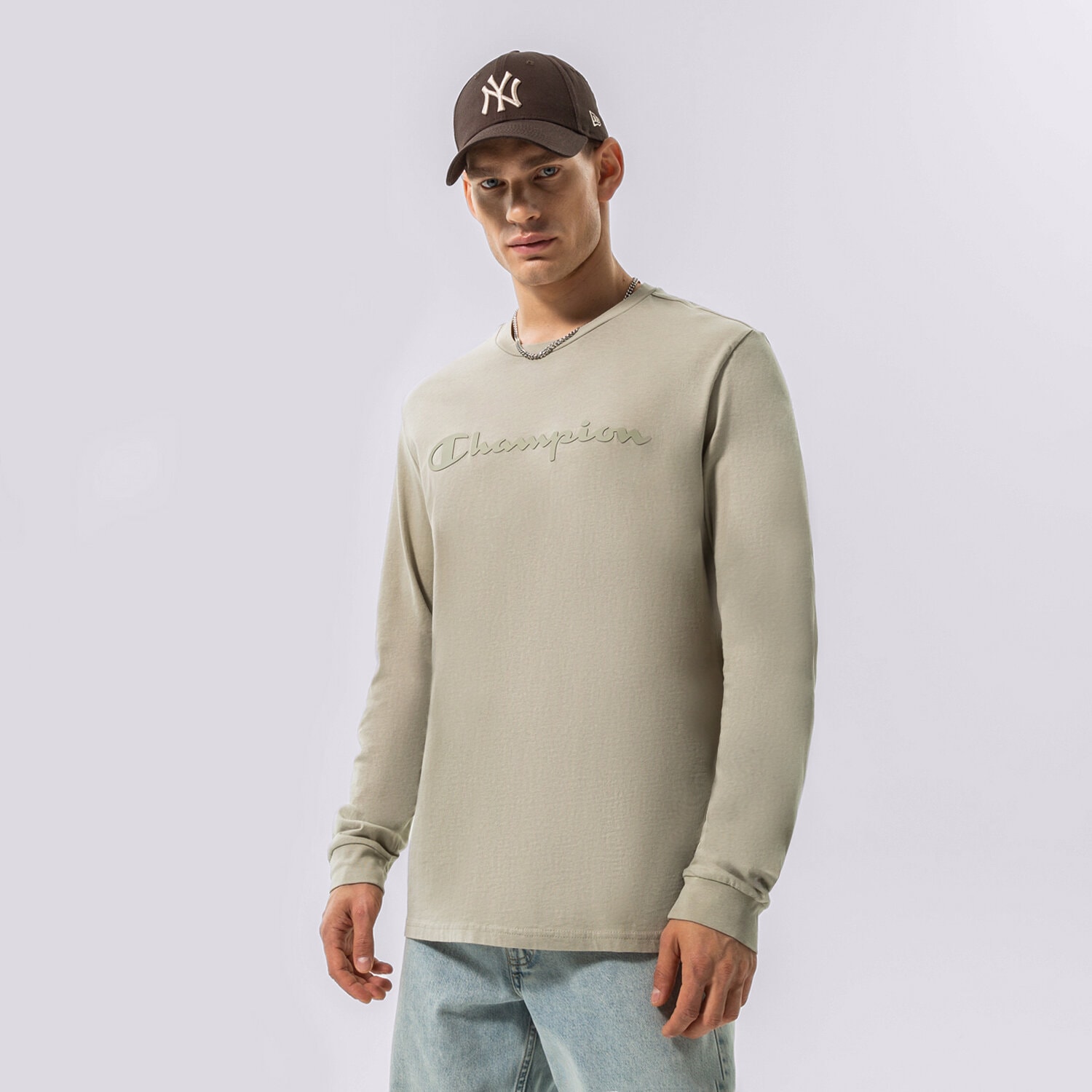 Koszulka, t-shirt sportowy męski CHAMPION T-SHIRT CREWNECK LONG SLEEVE T-SHIRT 218285ES066 SZARY
