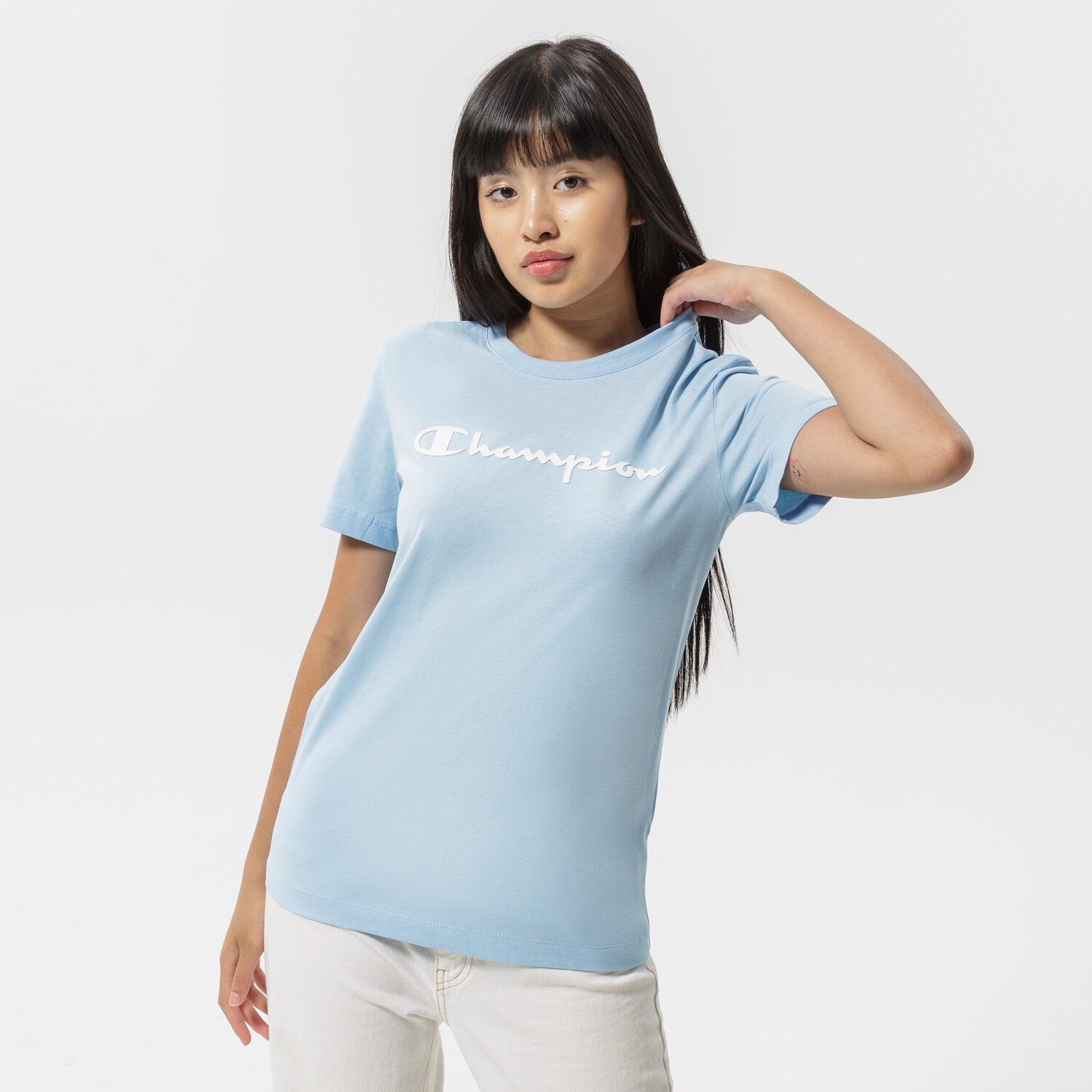 Koszulka, t-shirt damski CHAMPION T-SHIRT SCRIPT LOGO T-SHIRT 114911BS151 NIEBIESKI