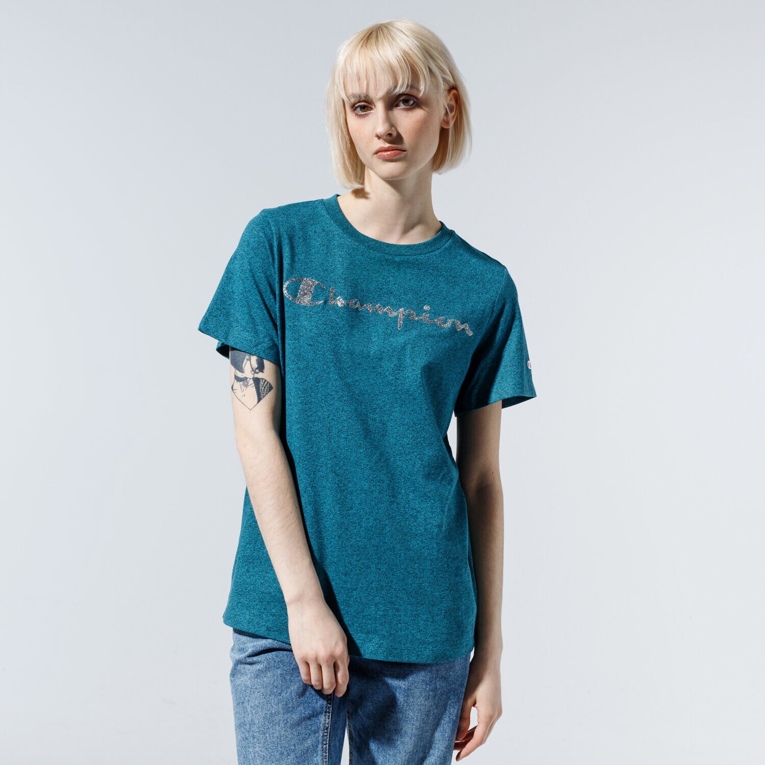 Koszulka, t-shirt damski CHAMPION T-SHIRT LADY SHINE LOGO TEE 113863GS555 ZIELONY